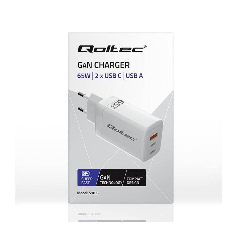 Ładowarka sieciowa Qoltec 65W GaN | 5-20V | 3-3.35A | 2xUSB-… | PartsPC.pl