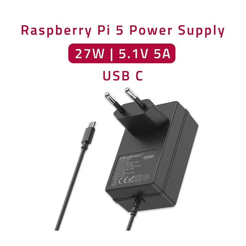 Ładowarka Qoltec Super FAST PD do Raspberry PI 5 | USB-C | 27W | 5-12V |