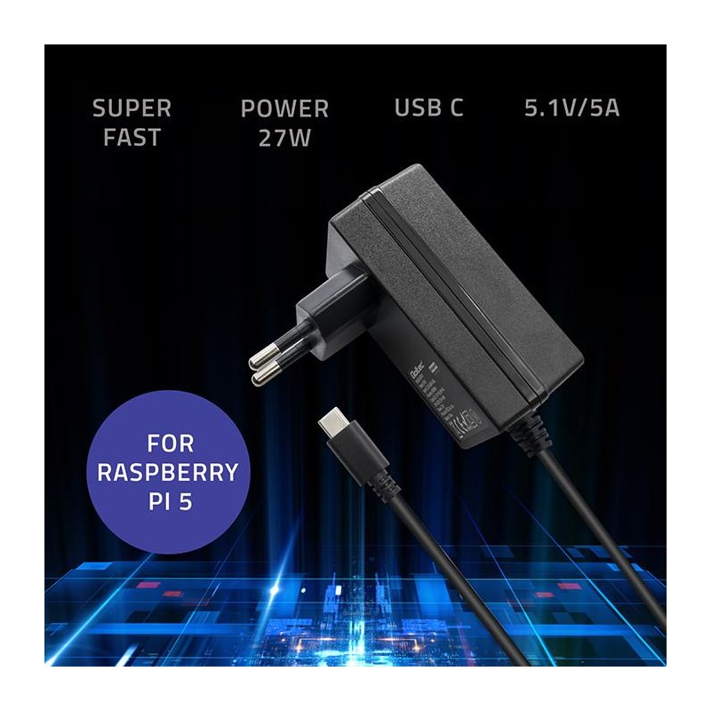 Ładowarka Qoltec Super FAST PD do Raspberry PI 5 | USB-C | 27W | 5-12V |