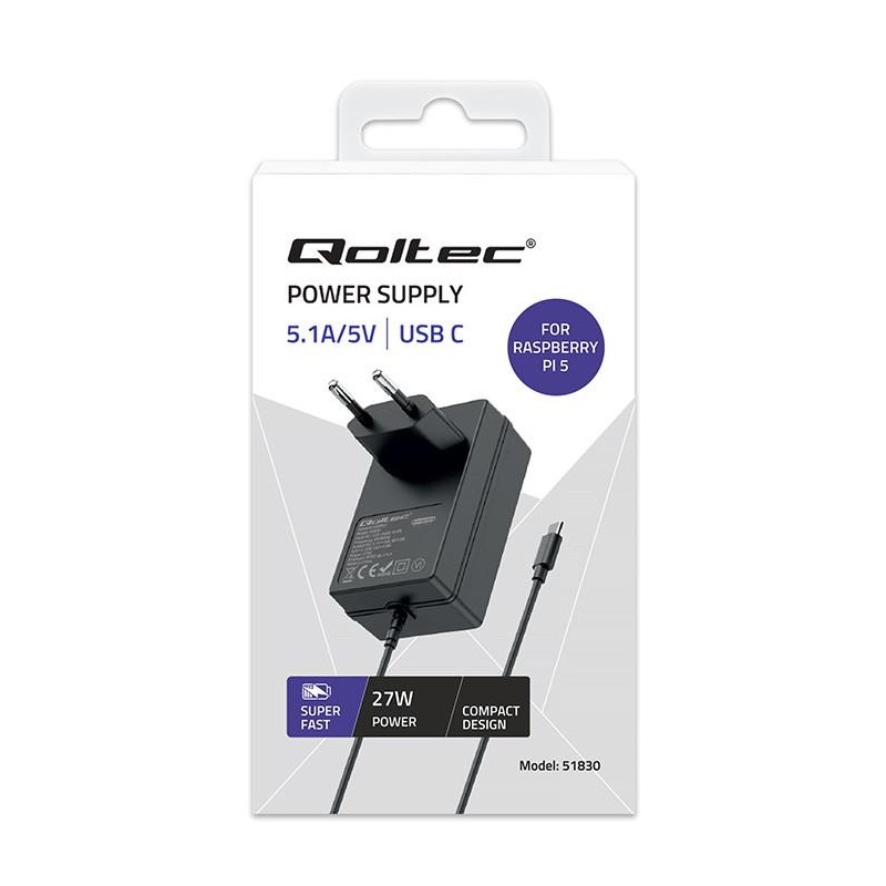 Ładowarka Qoltec Super FAST PD do Raspberry PI 5 | USB-C | 27W | 5-12V |