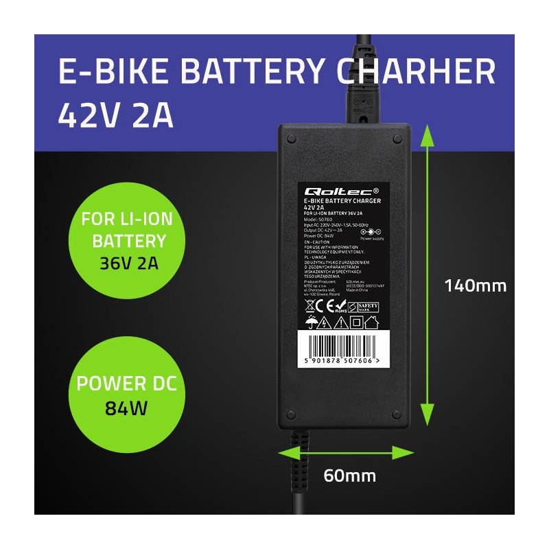 Ładowarka Qoltec do baterii roweru elektrycznego 36V | 42V |… | PartsPC.pl