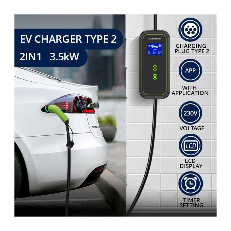 Ładowarka Qoltec do samochodu elektrycznego EV z regulacją 2w1 Typ2 | 3.5kW