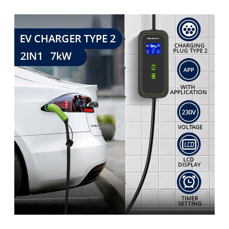 Ładowarka Qoltec mobilna do samochodu elektrycznego EV z regulacją 2w1 Typ2