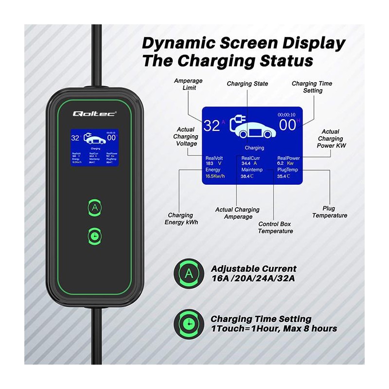 Ładowarka Qoltec mobilna do samochodu elektrycznego EV z regulacją 2w1 Typ2