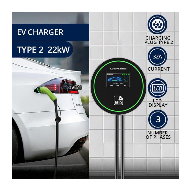 Stacja ładowania Qoltec EV 2w1 Typ2 | 22kW | Wi-Fi | LCD | 3… | PartsPC.pl
