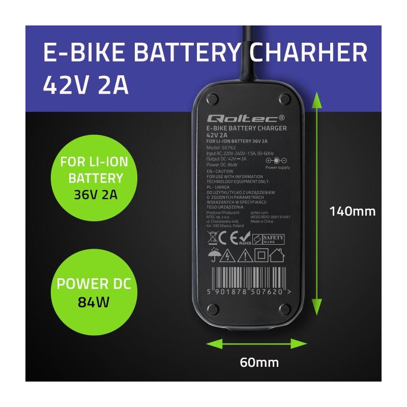 Ładowarka Qoltec do roweru Bosch 36V | 42V | 2A | Bosch plug… | PartsPC.pl