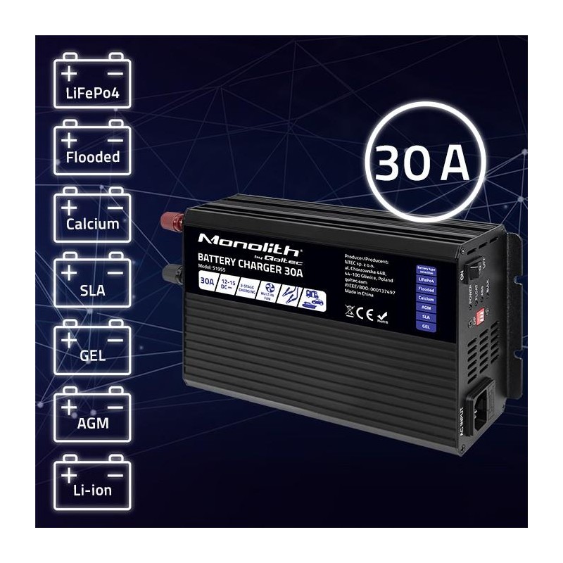 Ładowarka inteligentna Qoltec Monolith do akumulatorów LiFePO4 AGM GEL SLA