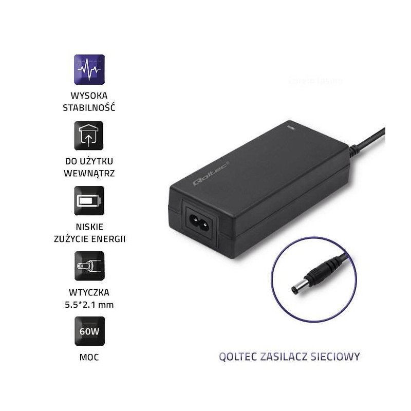 Zasilacz Qoltec desktopowy 60W | 12V | 5A | 5.5*2.1 | + kabel zasilający