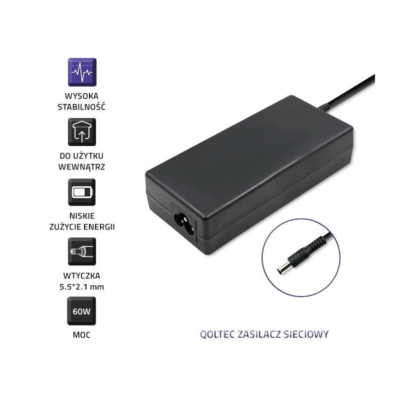 Zasilacz sieciowy Qoltec desktopowy 60W | 12V | 5A | 5.5*2.1 | + kabel