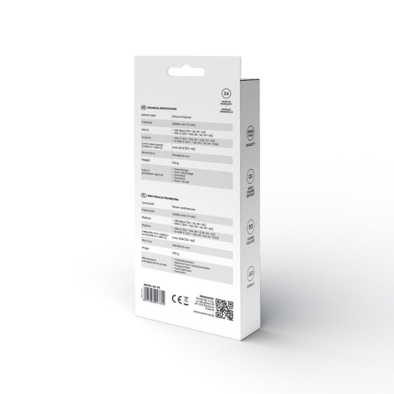 Powerbank SAVIO BA-05 20000mAh czarny | PartsPC.pl
