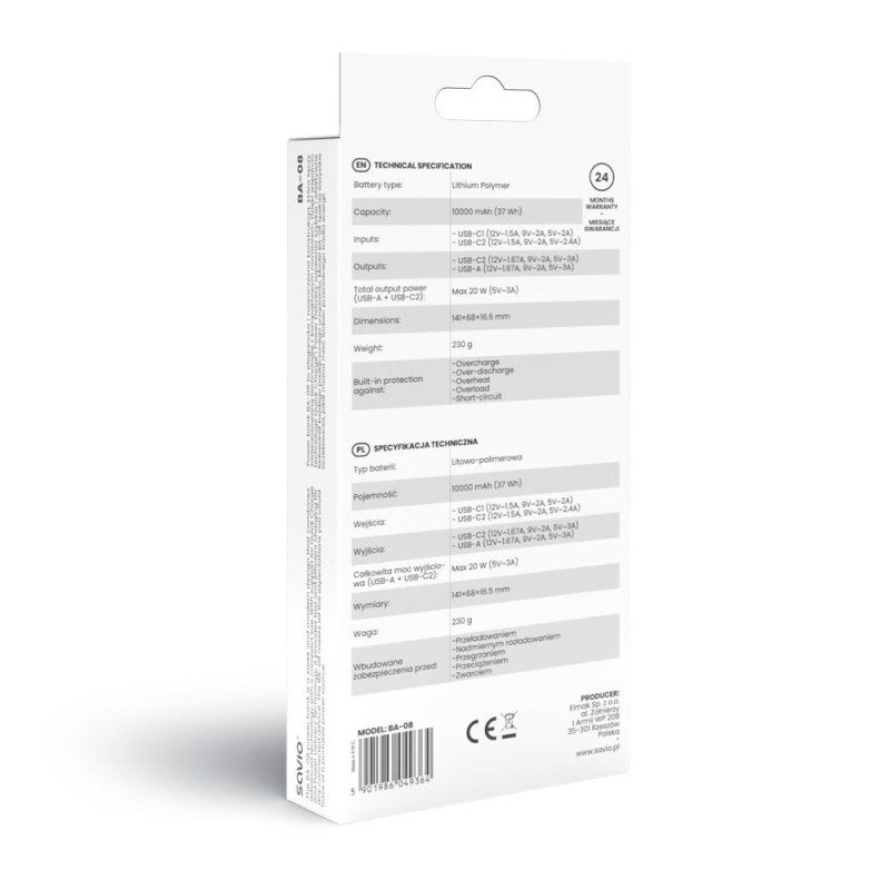 Powerbank SAVIO BA-08 10000mAh Czarny | PartsPC.pl