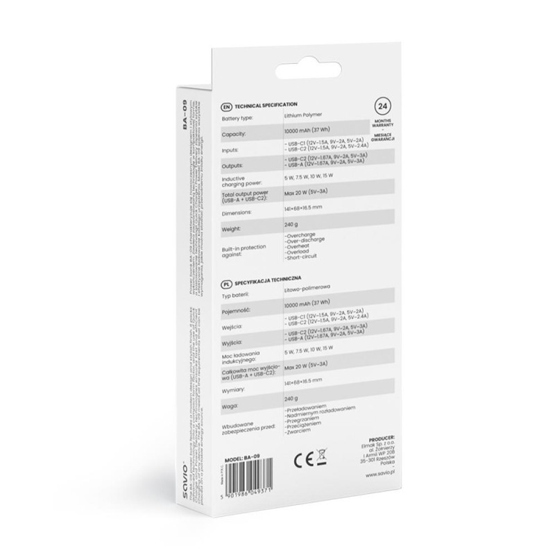 Powerbank SAVIO BA-09 10000mAh Ładowanie indukcyjne | PartsPC.pl