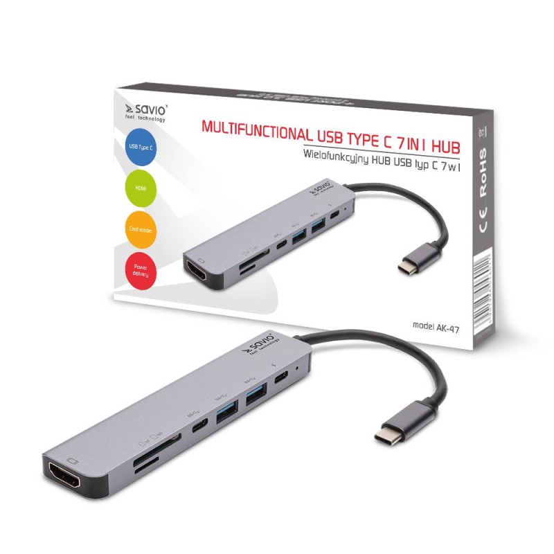 Hub USB 3.1 SAVIO AK-54 USB-C - 4 x USB-A szary | PartsPC.pl