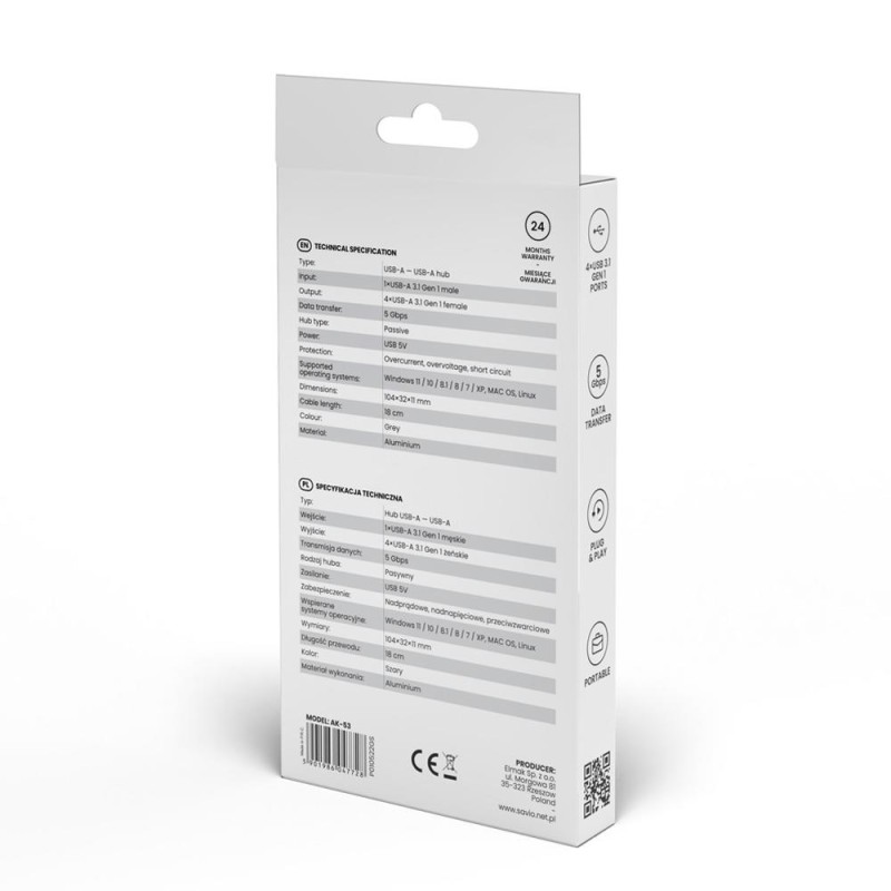 Hub USB 3.1 SAVIO AK-53 USB-A - 4 x USB-A szary