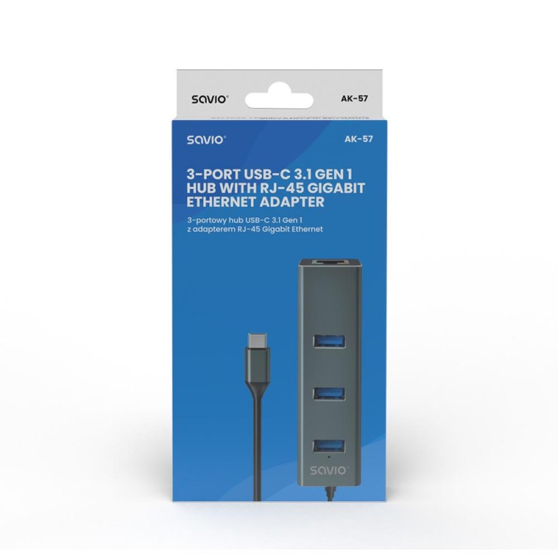 HUB USB-C 3.1 SAVIO AK-57 z adapterem RJ-45 3-portowy