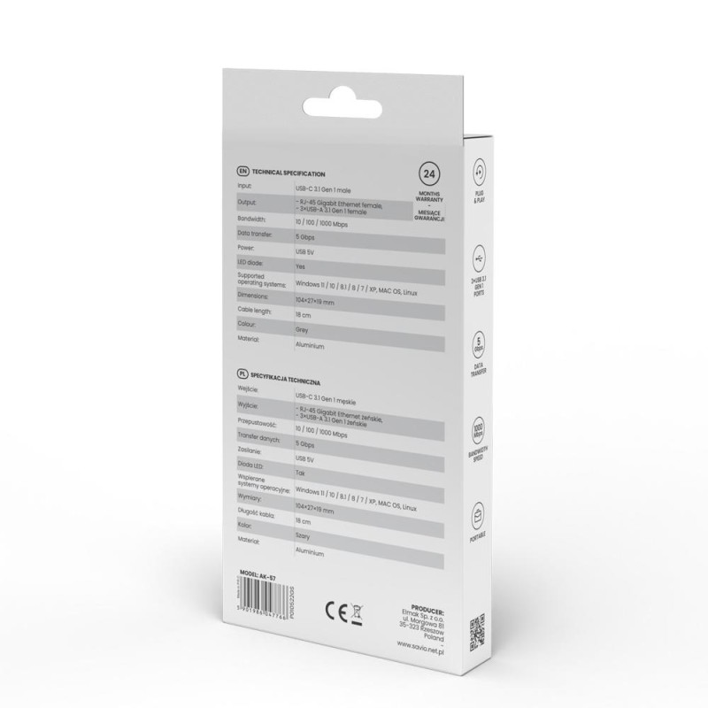 HUB USB-C 3.1 SAVIO AK-57 z adapterem RJ-45 3-portowy