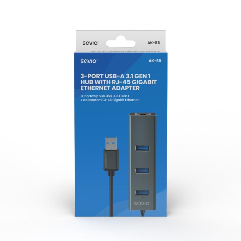 HUB USB-A 3.1 SAVIO AK-58 z adapterem RJ-45 3-portowy | PartsPC.pl