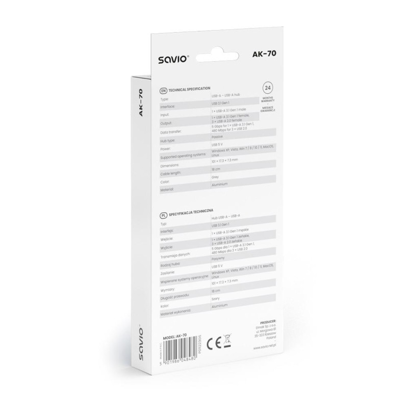 Hub USB SAVIO AK-70 USB-A - 3 x USB-A 2.0, 1 x USB-A 3.0 | PartsPC.pl