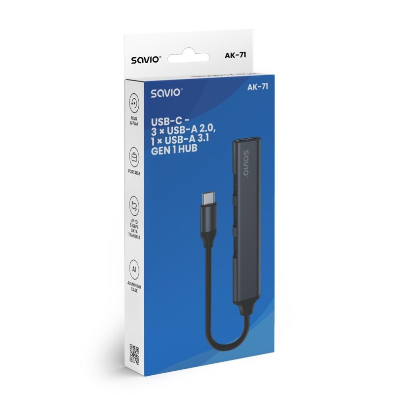 Hub USB SAVIO AK-71 USB-C - 3 x USB-A 2.0, 1 x USB-A 3.1 Gen… | PartsPC.pl
