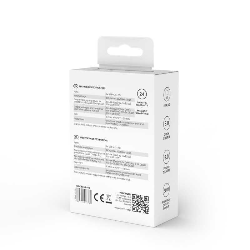 Ładowarka sieciowa Savio LA-06 USB Quick Charge Power Delivery 3.0 30W,