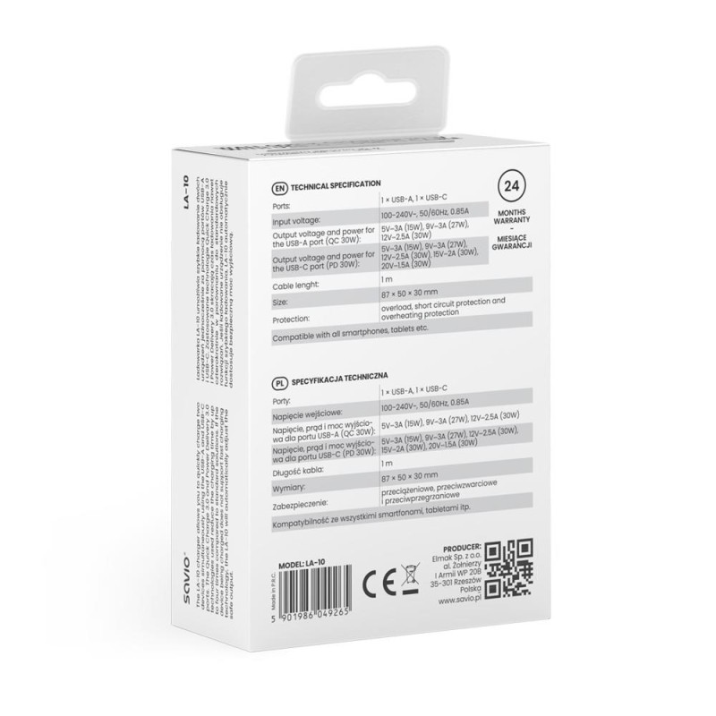 Ładowarka sieciowa z kablem USB-C Savio LA-10 30W Quick Charge, Power