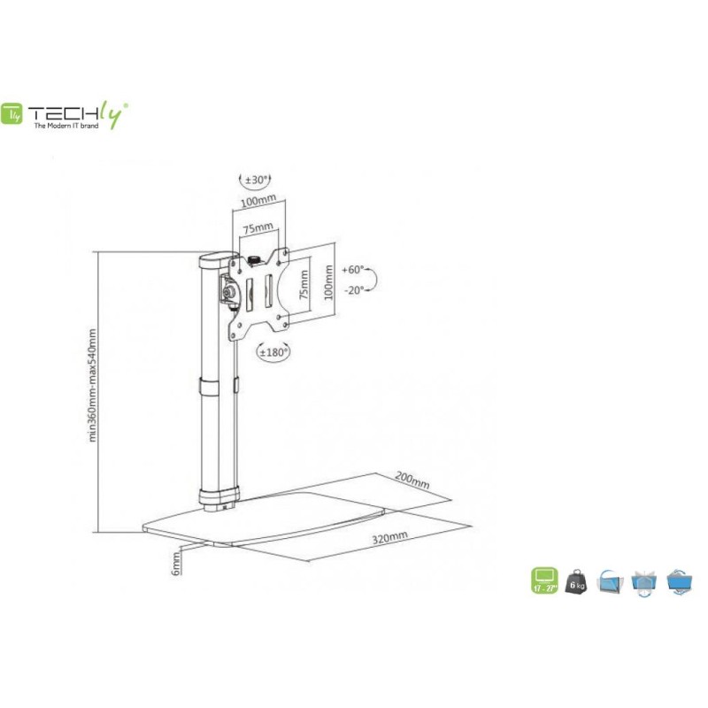 Uchwyt biurkowy Techly 17"-27", 6kg pionowy | PartsPC.pl