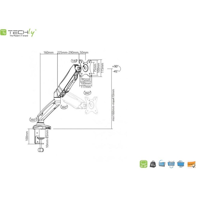 Ramię biurkowe LCD/LED Techly 13"-27", 6kg Amortyzator Gazowy, USB/Audio