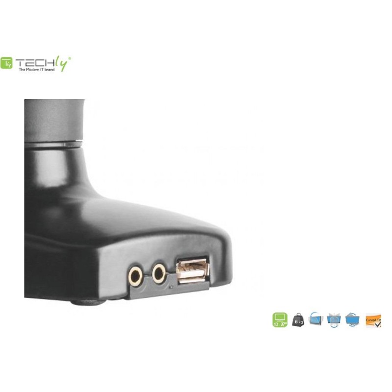 Ramię biurkowe LCD/LED Techly 13"-27", 6kg Amortyzator Gazowy, USB/Audio
