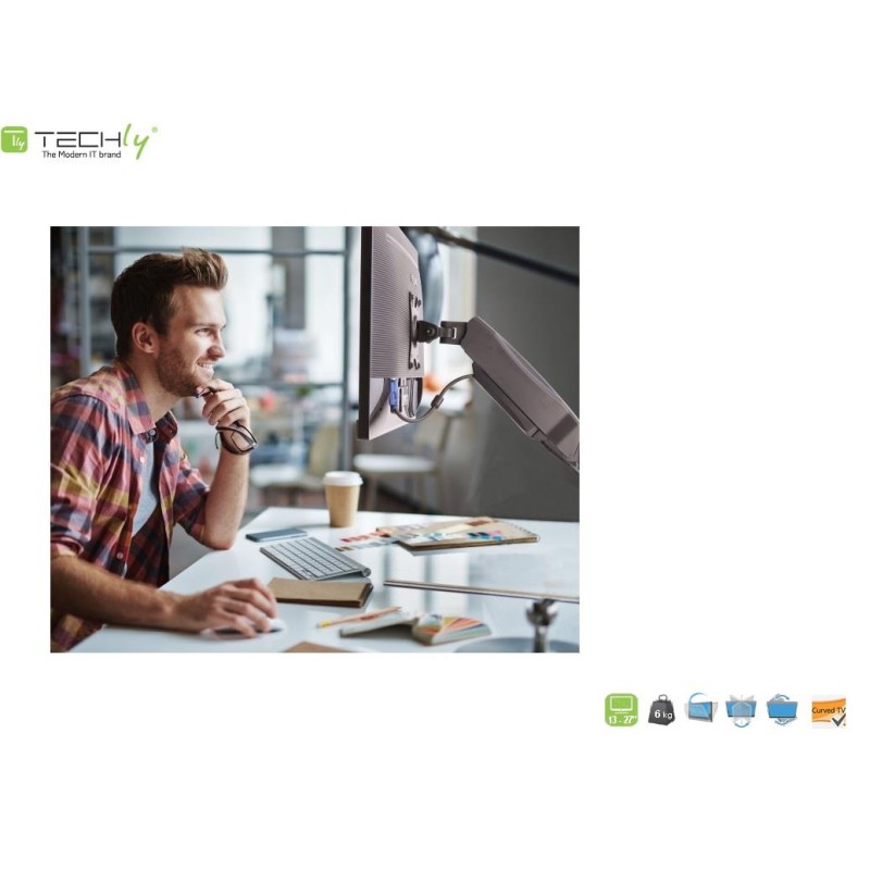 Ramię biurkowe LCD/LED Techly 13"-27", 6kg Amortyzator Gazowy, USB/Audio