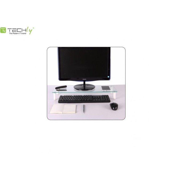 Techly Podstawka pod monitor do 32cali, szklana biała | PartsPC.pl