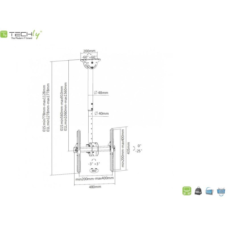 Uchwyt sufitowy Techly 32"-55", 50kg regulowany | PartsPC.pl