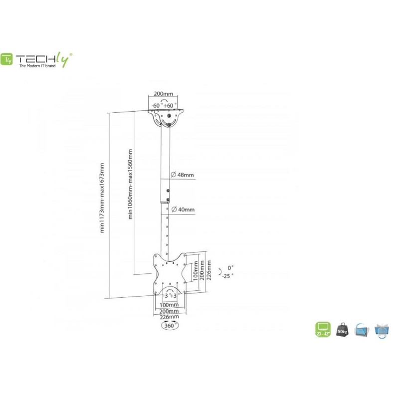 Uchwyt sufitowy Techly 23"-42", 50kg regulowany