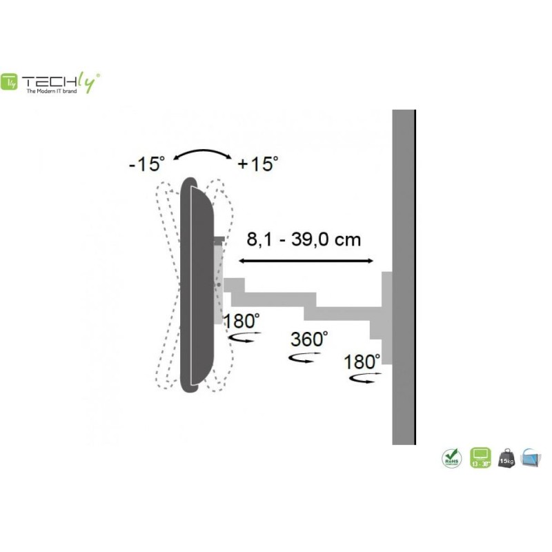 Uchwyt ścienny Techly 13"-30", 15kg obrotowy