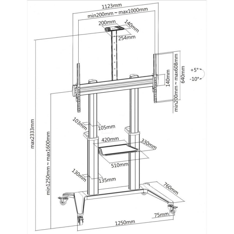 Stojak mobilny Techly 70"-120", 140kg z półką, biały | PartsPC.pl