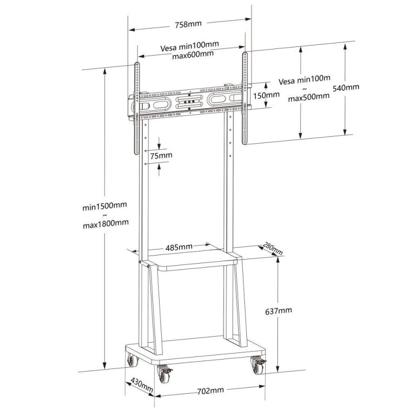 Stojak mobilny Techly 32''-70'', 70 kg, półka AV, PIVOT