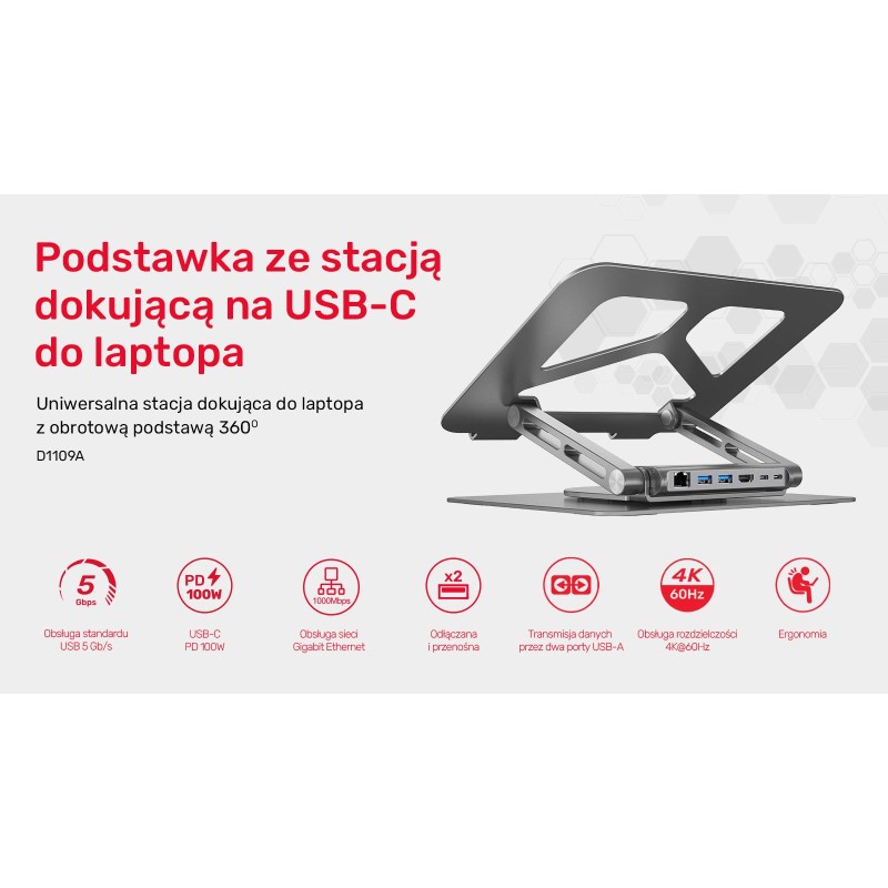 Podstawka pod laptop UNITEK D1109A HUB USB-C, HDMI, 4K, PD 1… | PartsPC.pl