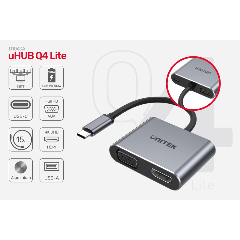 Unitek Hub USB-C HDMI VGA USB-A i PD 100W D1049A | PartsPC.pl