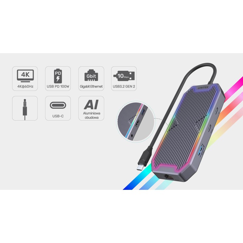Hub USB-C Unitek D1029A, HDMI 2.0, RJ45, 3,5mm miniJack, PD … | PartsPC.pl