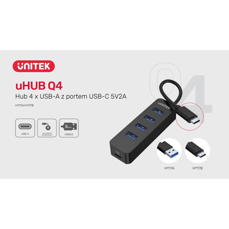 HUB USB-C Unitek H1117B 4xUSB-A 3.1, aktywny, 10W | PartsPC.pl