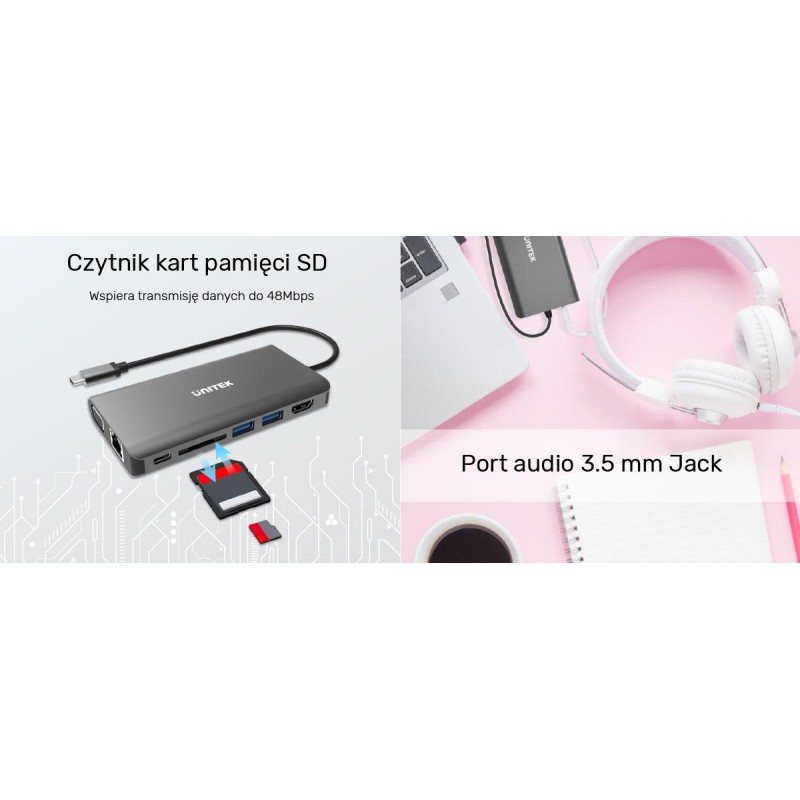 Hub USB-C Unitek D1019B 3.1 8w1, Power Delivery 100W | PartsPC.pl