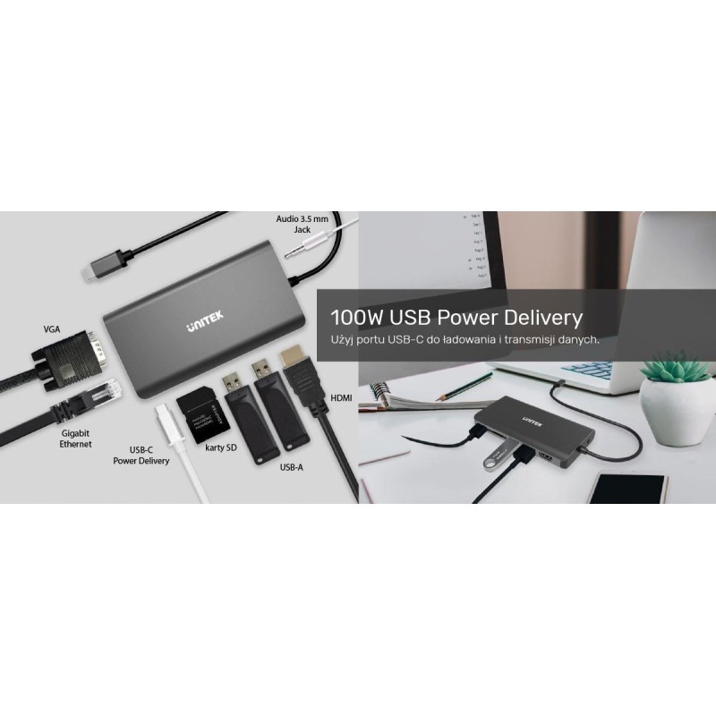 Hub USB-C Unitek D1019B 3.1 8w1, Power Delivery 100W | PartsPC.pl