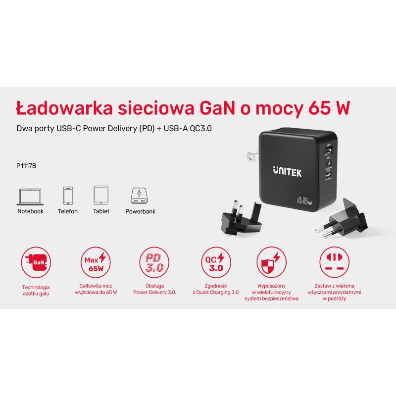 Ładowarka Sieciowa Unitek P1117B 3 porty, PD 65W, GaN, podró… | PartsPC.pl