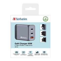 Ładowarka sieciowa Verbatim GaN GNC-65 2xUSB-C PD 65W 1xUSB-A QC 3.0