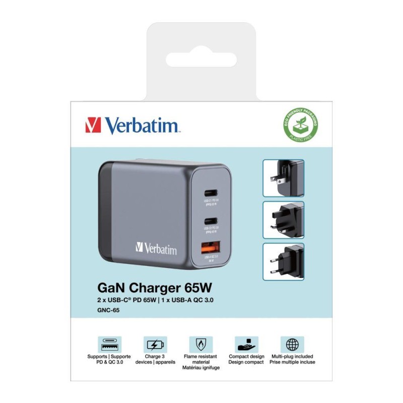 Ładowarka sieciowa Verbatim GaN GNC-65 2xUSB-C PD 65W 1xUSB-A QC 3.0