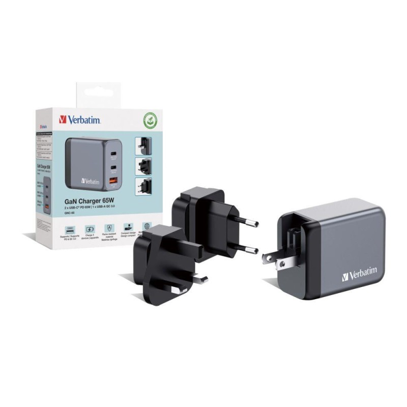 Ładowarka sieciowa Verbatim GaN GNC-65 2xUSB-C PD 65W 1xUSB-A QC 3.0