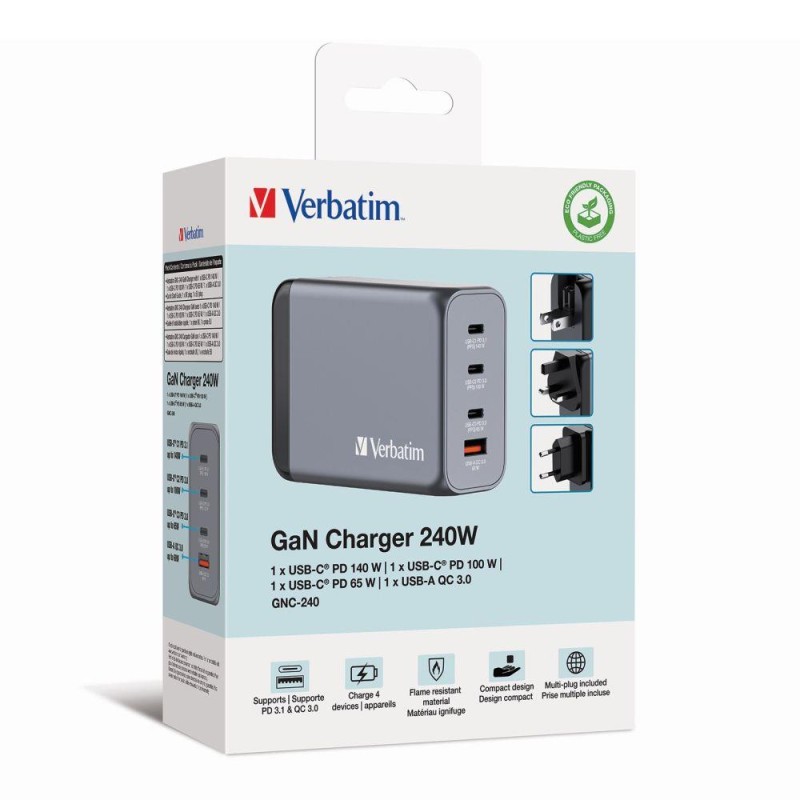 Ładowarka sieciowa Verbatim GaN GNC-240 3xUSB-C PD (140W+100W+65W) 1xUSB-A