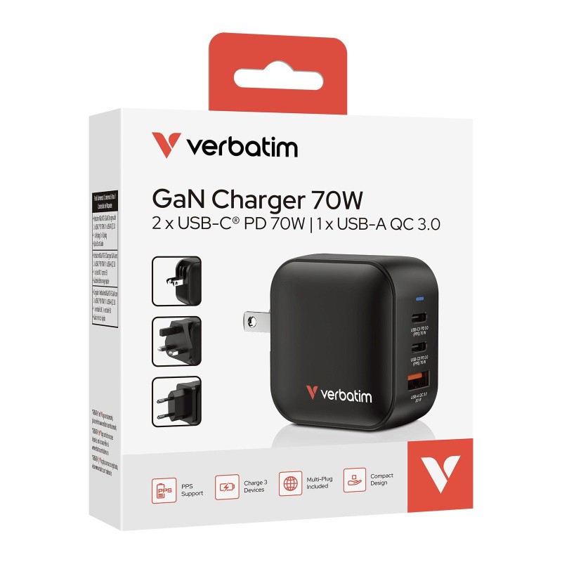Ładowarka sieciowa Verbatim Mini GaN 70W 2xUSB-C PD 1xUSB-A … | PartsPC.pl