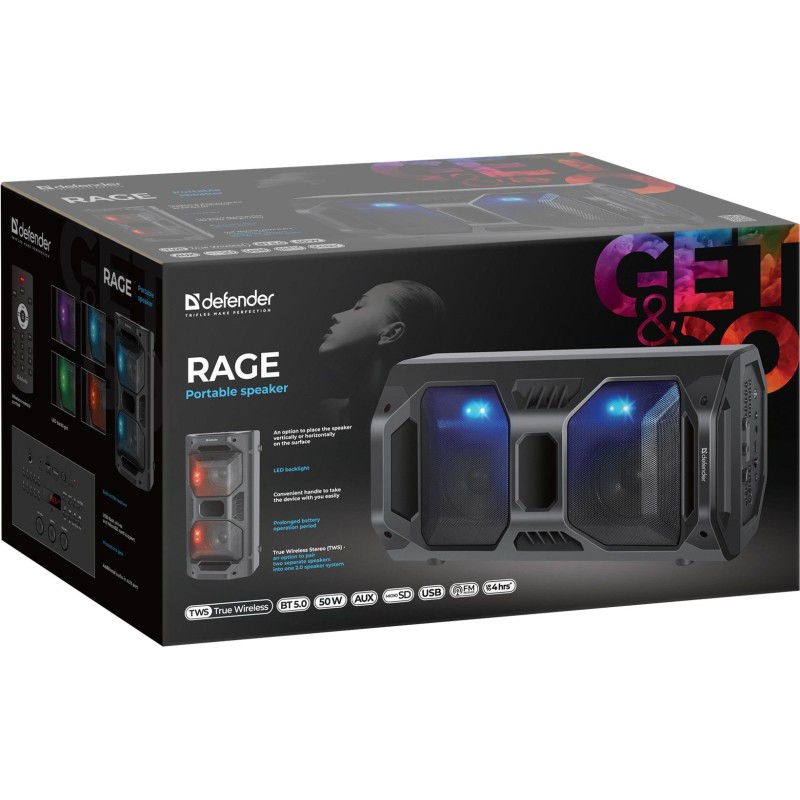 Głośnik Defender RAGE Bluetooth 50W MP3/FM/SD/USB/AUX/TWS/MI… | PartsPC.pl