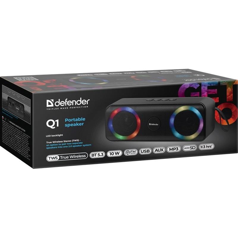 Głośnik Defender Q1 Bluetooth 10W BT/FM/TF/USB/AUX/TWS/LED… | PartsPC.pl