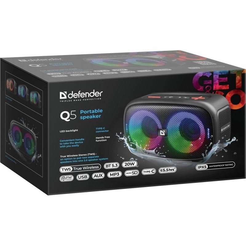 Głośnik Defender Q5 Bluetooth 20W BT/FM/TF/USB/AUX/TWS/LED/I… | PartsPC.pl